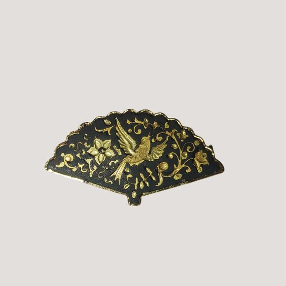 Vintage Damascene Brooch Small Gold Tone Black Enamel Fan Bird Floral Design - Picture 14 of 16